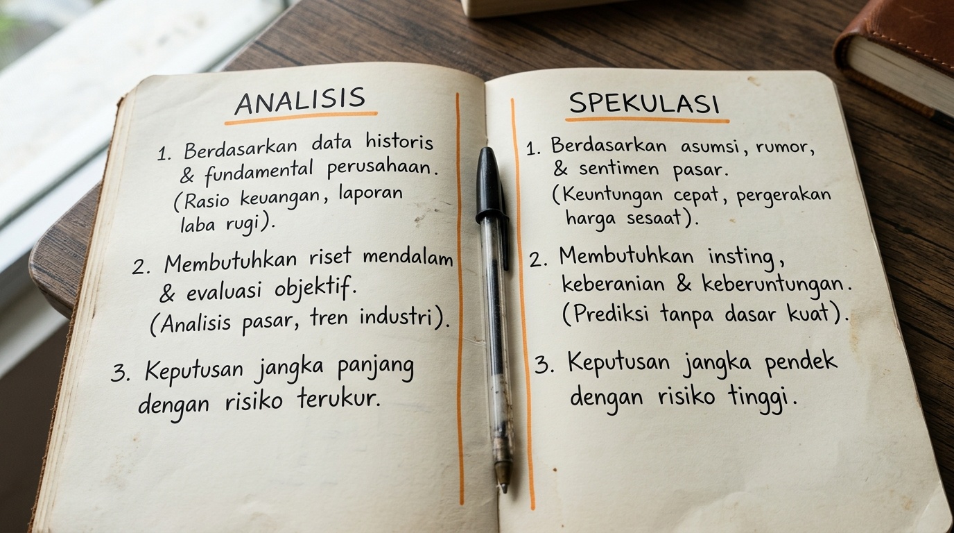 Dua kolom catatan editorial yang membandingkan pendekatan analisis dan spekulasi pasar.