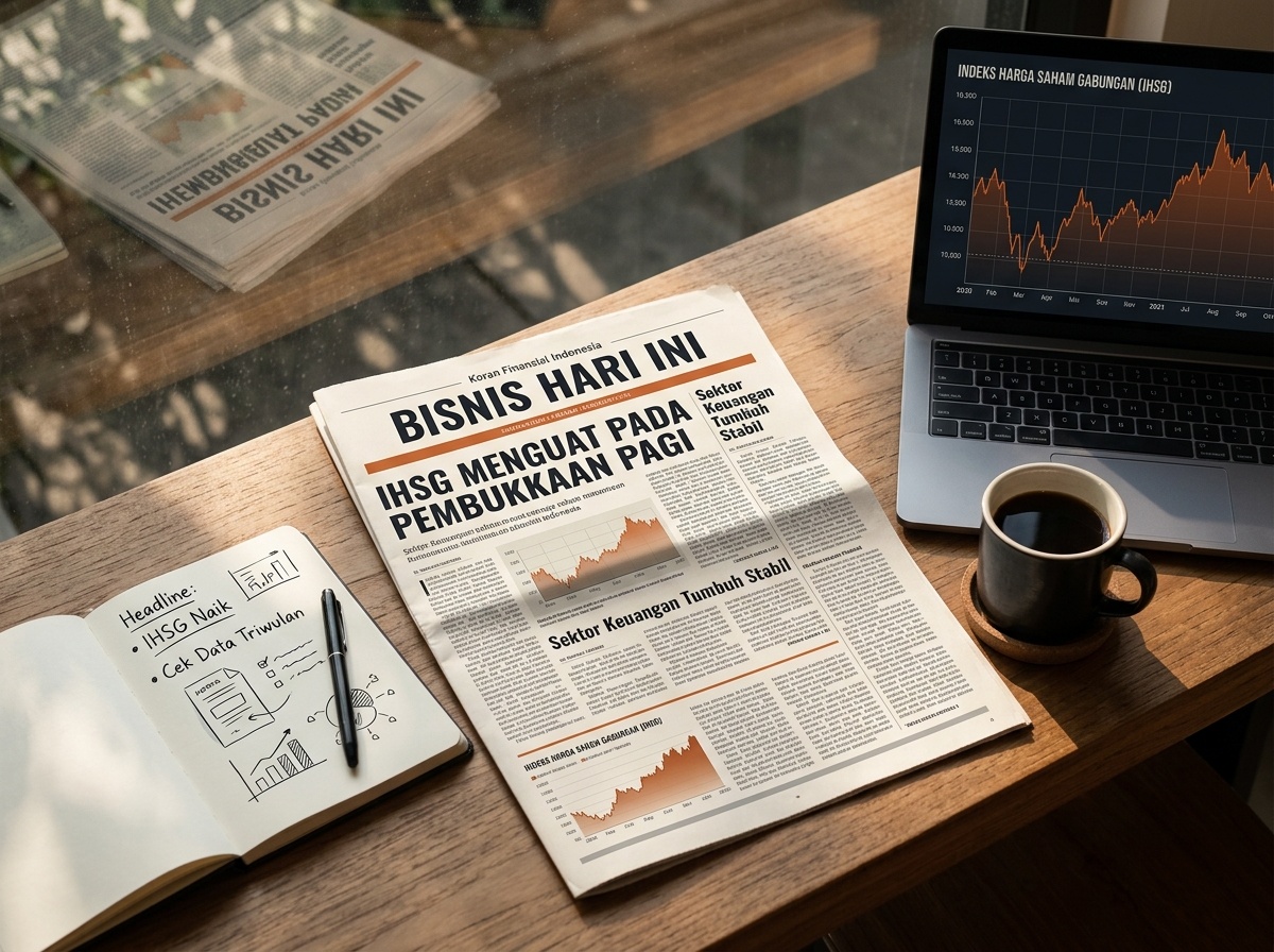 Meja editorial dengan koran finansial, laptop yang menampilkan grafik indeks, dan secangkir kopi pagi di kantor Tangerang.